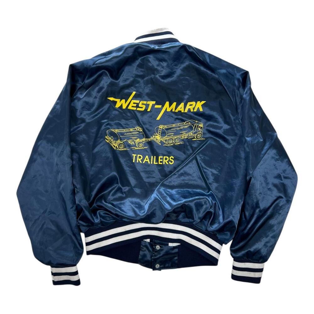 Vintage West-Mark Trailers Satin Jacket Mens Large Blue Varsity Safety Team USA